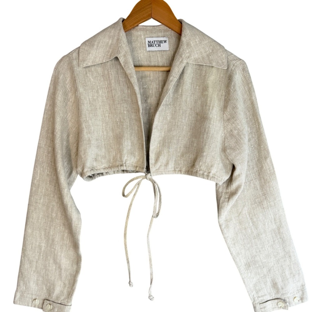 Matthew Bruch Cropped Linen Tie-Front Top Womens 1 Oatmeal Beige Coastal Jacket